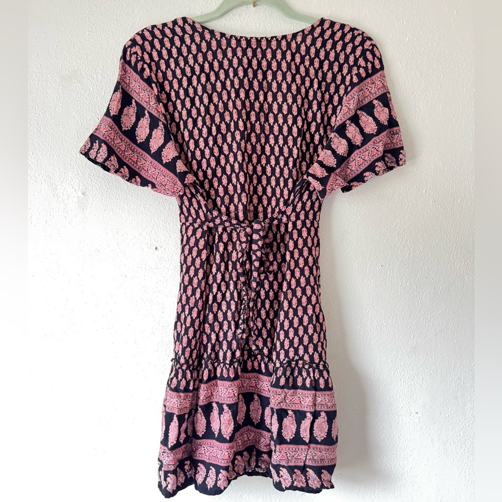 Anthropologie RAGA Faux Wrap Mini Dress Sz M Black Pink Mixed Print Ties Ruffle - Picture 9 of 14